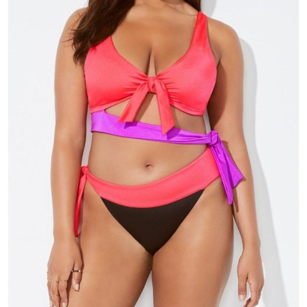 Ashley Graham Monokini Cut Out Wrap One Piece Swimsuit Black Coral Size 10